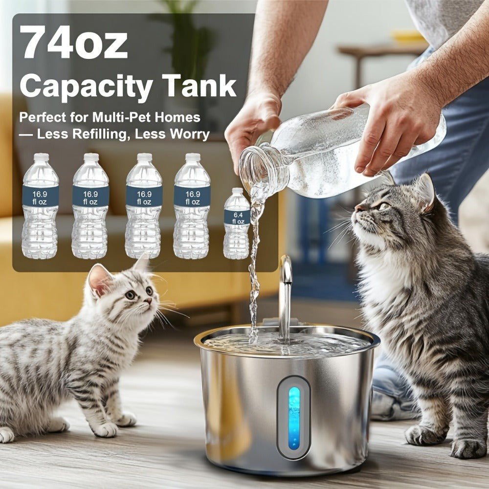 2.2L Pet Water Fountain with Stainless-Steel-Marked Basin, Water Window and 2+2 or 8+8 Filter Bundles