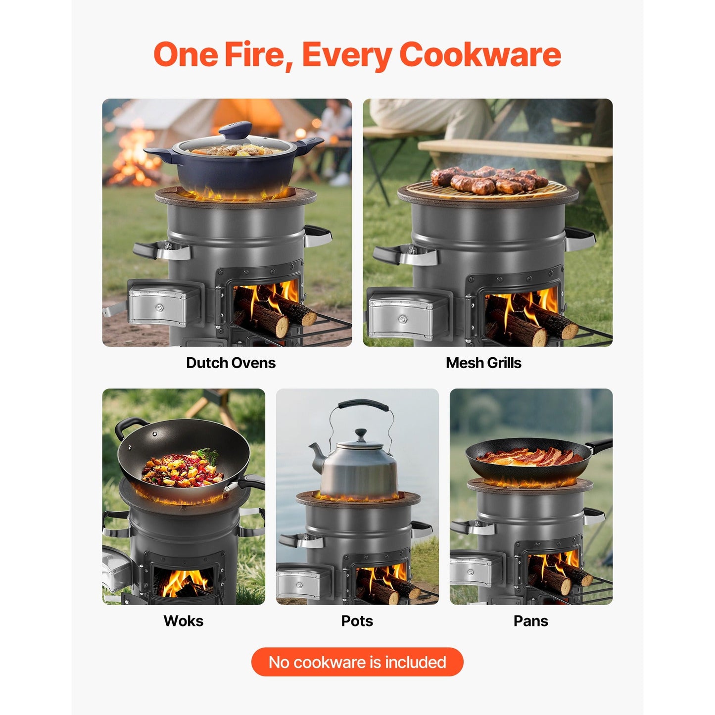 Wood Burning Rocket Stove Portable Camping Stove with Cast Iron Top, Double Door, Fireproof Lining, 16 lbs Lightweight, Canvas Bag Included, Charcoal Compatible