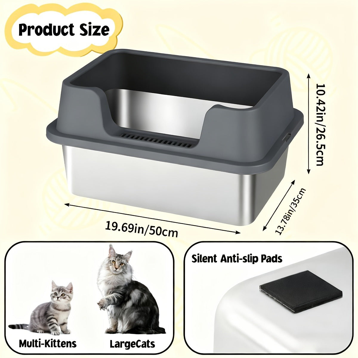 Stainless Steel Cat Litter Box with Scoop - High-Wall Semi-Enclosed Design, Non-Stick Easy Clean Surface, Anti-Leakage Odor Control, 2 Sizes for Kittens & Multiple Cats, Modern Metal Pet Toilet