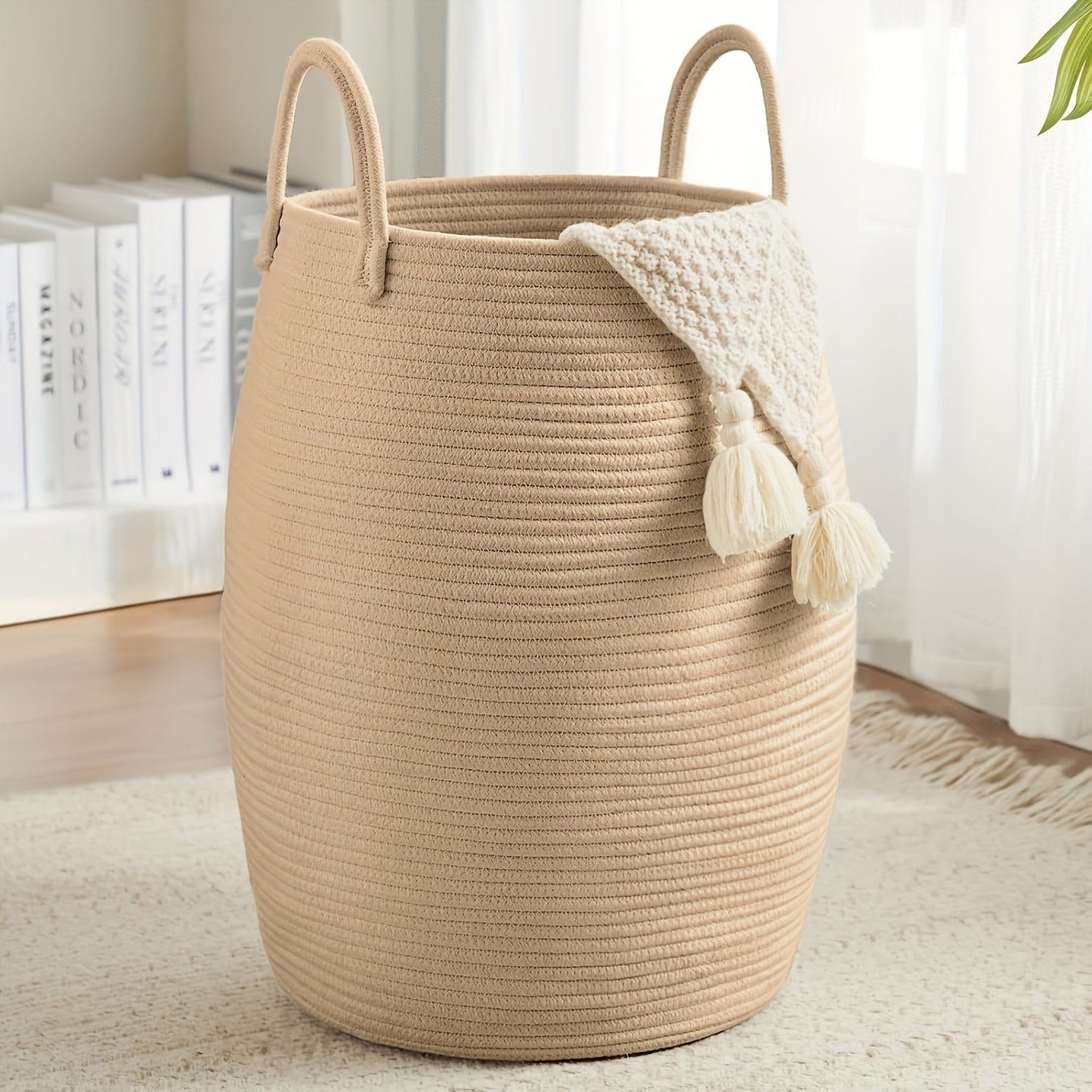 Foldable 65 L Oval Laundry Hamper with Long Carry Handles and Tassel Accent in Three Colors