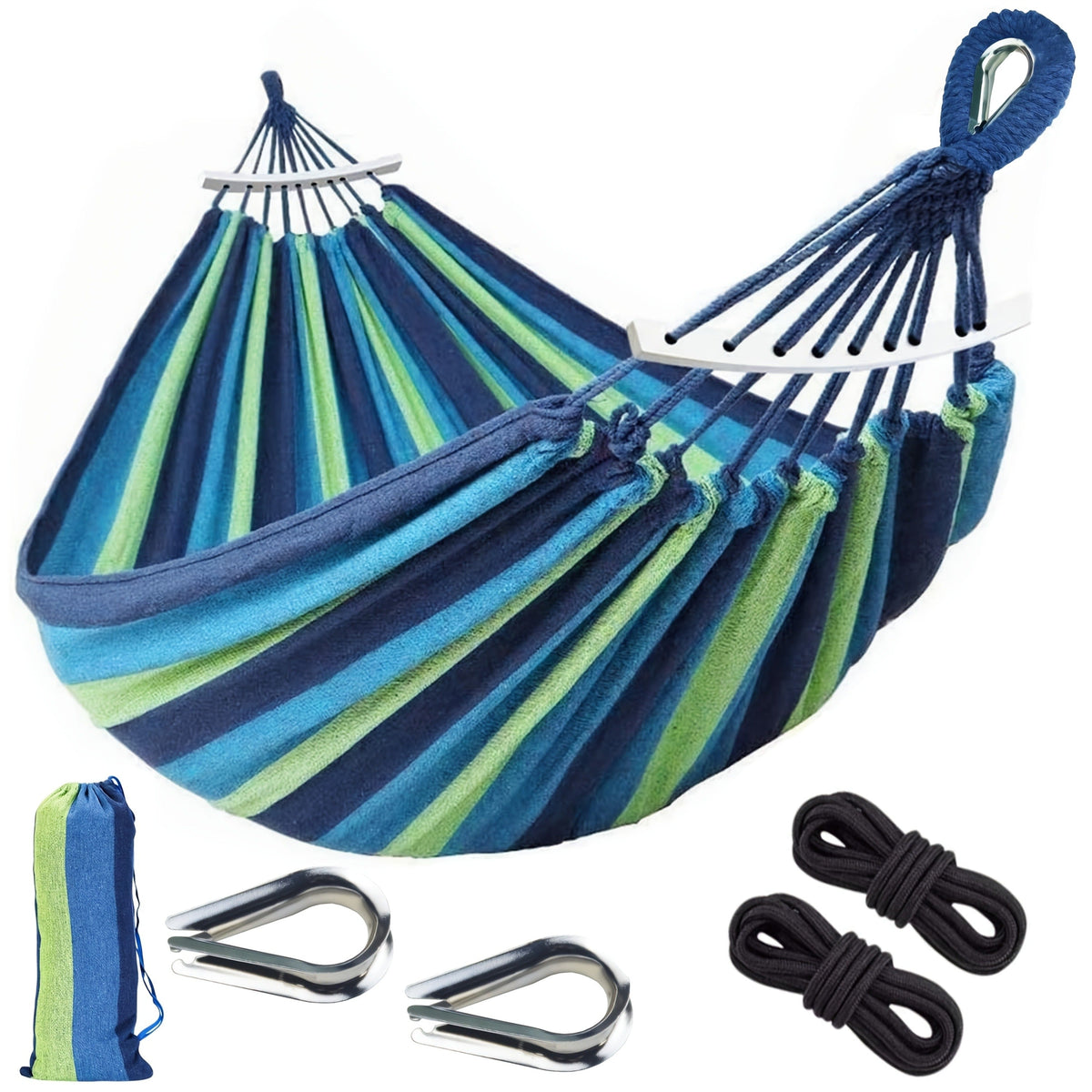 Woven Nylon-Style Hammock, 110 x 59 Inches with Two 118-Inch Ropes, Two D-Shaped Connectors and Carry Bag