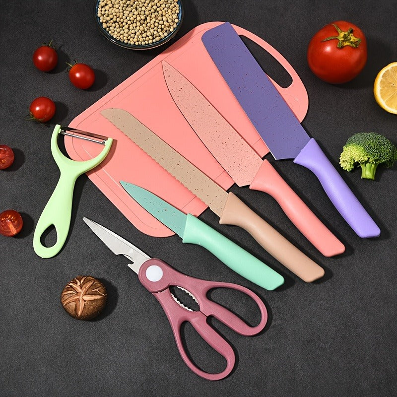 Kitchen Knife Set 7 Piece Stainless Steel Ergonomic Wheat Straw Handle with Cutting Board – Portable Camping Travel Chef Knives for Home Restaurant Outdoor Cooking Gift