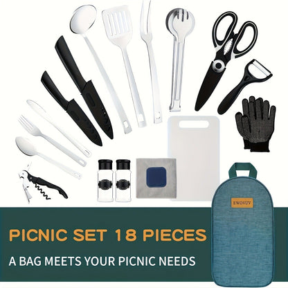 Camping Cookware Set Outdoor Kitchen Cooking Kit – Essential Camp Gear for Barbecue, Meal Prep & Outdoor Cooking at Campsites & Parks – 3 Colors: Green, Black, Cyan
