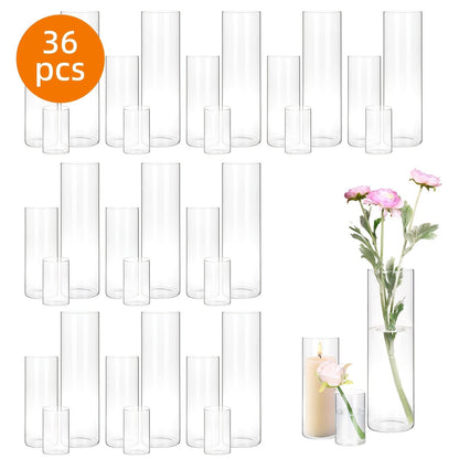 Clear Glass Cylinder Vase Set with 4-, 8- and 12-Inch Heights in 18- or 36-Piece Options for Table Displays