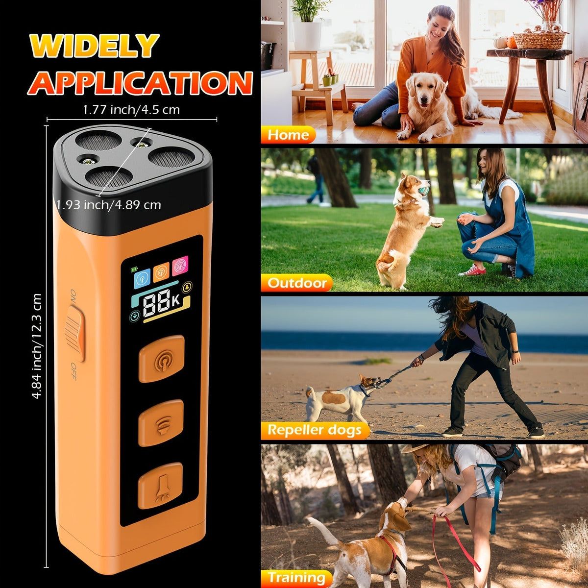 Orange Rechargeable Triple-Emitter Ultrasonic Dog Training Aid with Display, Light and Wrist Strap