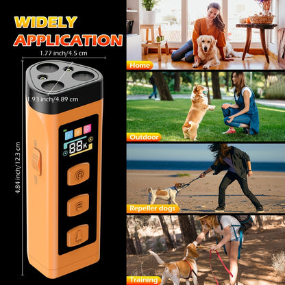 Orange Rechargeable Triple-Emitter Ultrasonic Dog Training Aid with Display, Light and Wrist Strap