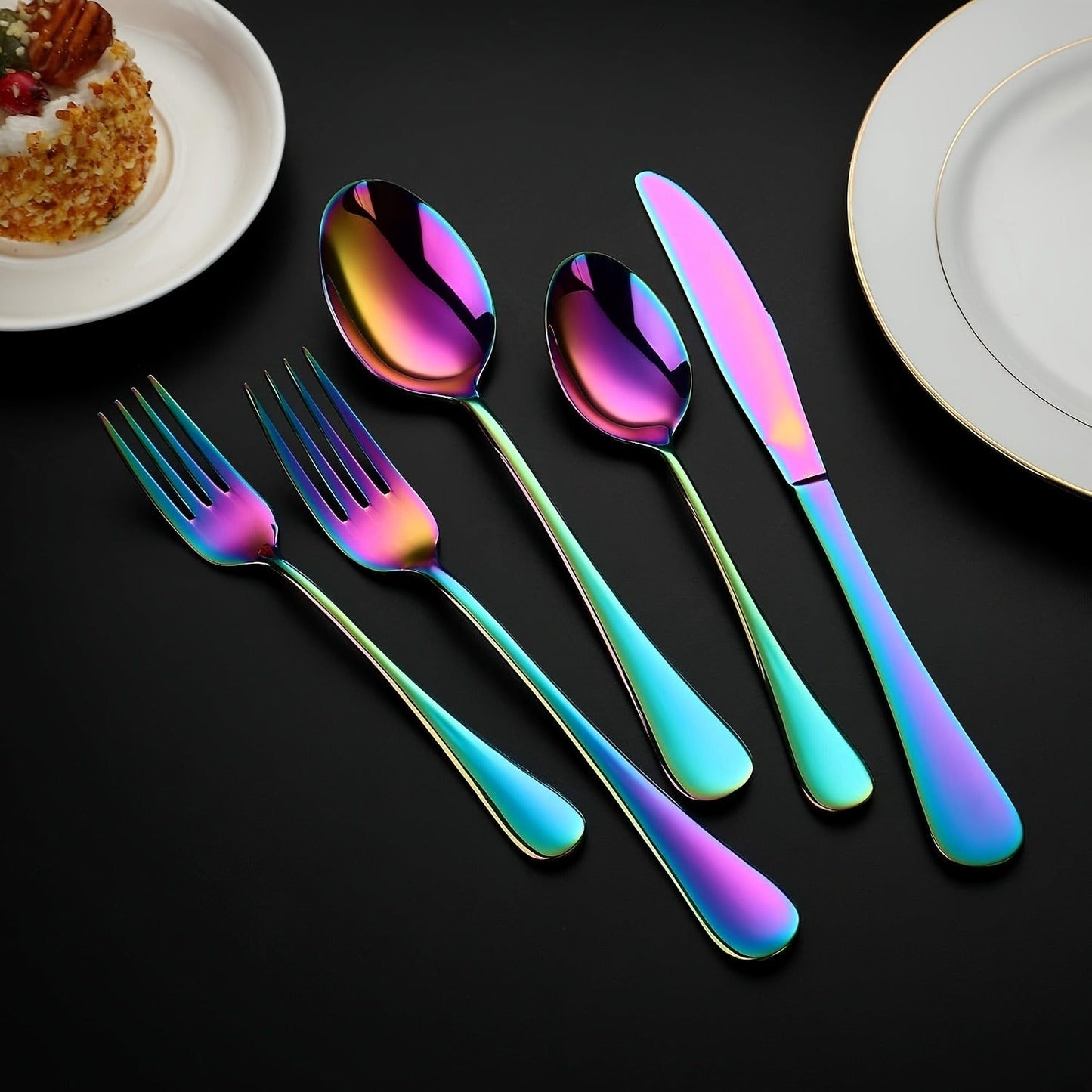 60-Piece Rainbow Flatware Set with Five Utensil Forms in Twelve-Piece Rows for Complete Table Settings
