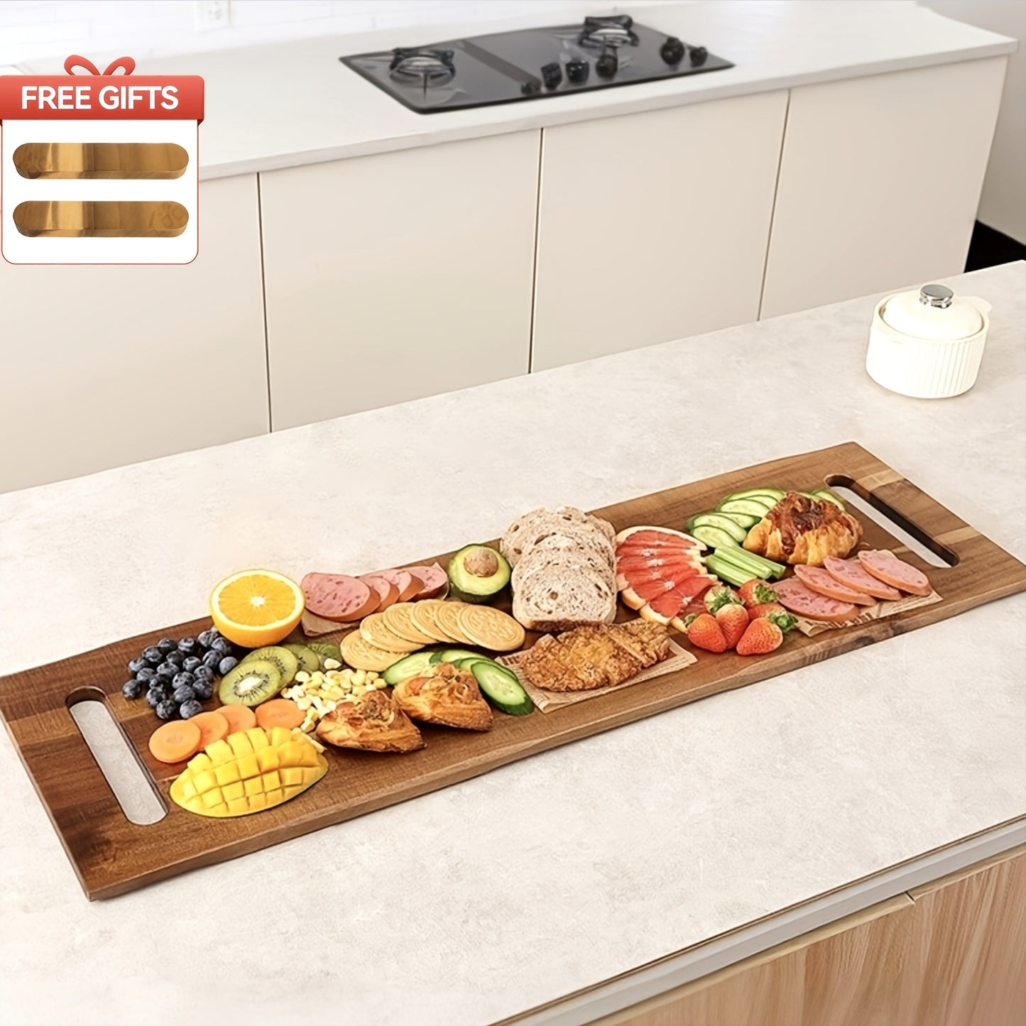 Extra-Long 36 x 11-Inch Wood-Color Charcuterie Board with Recessed Handles and Two Display Stands