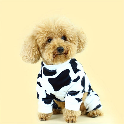 Dog Pajamas Cow Print Soft Knit Pullover Sleepwear for Small Medium Dogs, 100% Polyester Milk Swirl Texture Pet Onesie Loungewear for Year-Round Comfort, Sizes XS S M L XL XXL 3XL 4XL, White