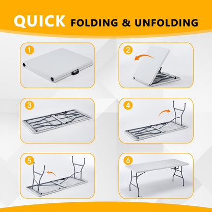 Folding Table 4ft and 6ft White Plastic Top with Black Metal Legs, Carry Handle and Adjustable Height
