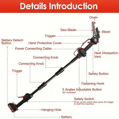Cordless 4- and 6-Inch Pole Saw with Three Extension Sections, 90° Head, Two Batteries and Two Colors