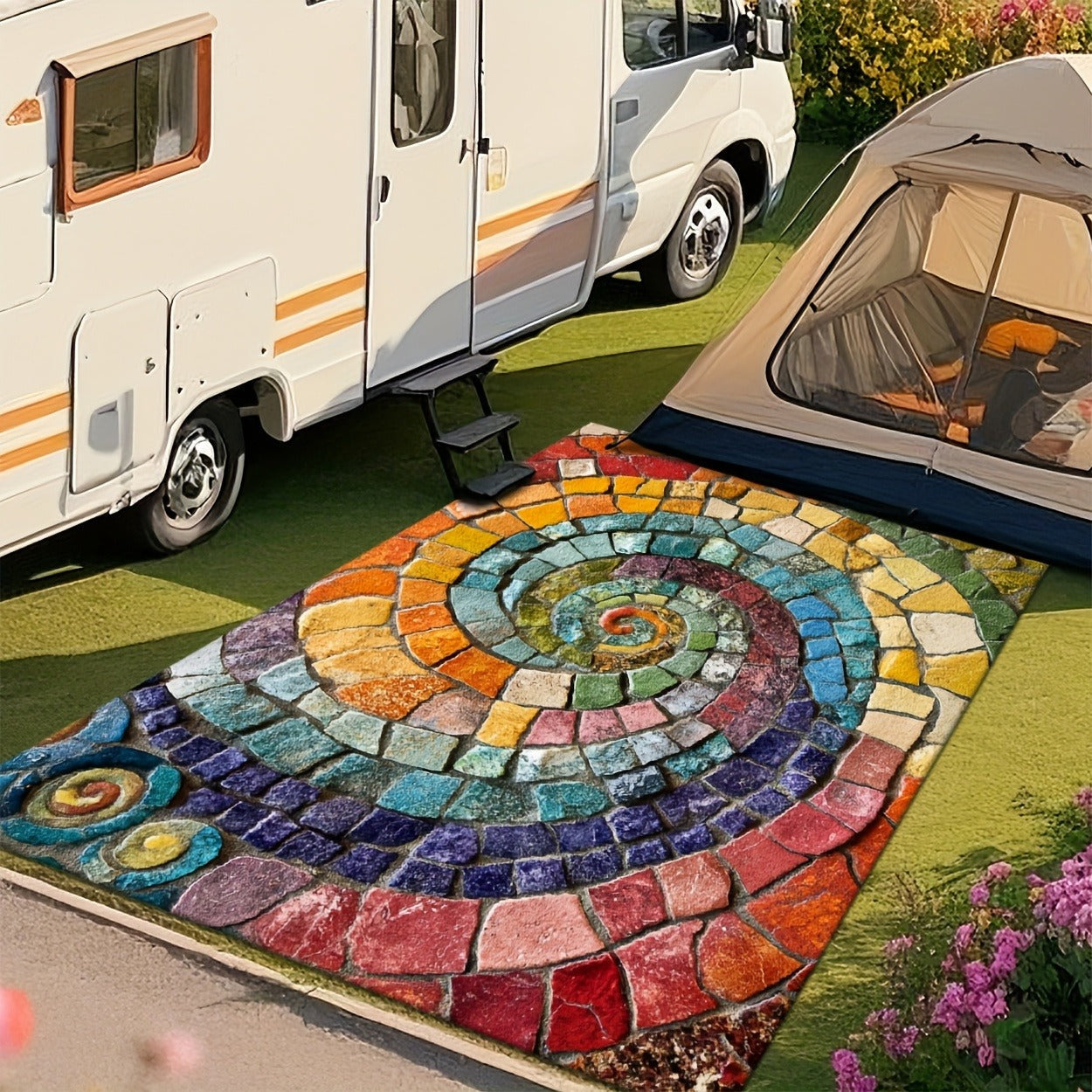 Area Rug Multicolor Mosaic Indoor Outdoor Mat with Rubber Backing and Five Washable Size Options