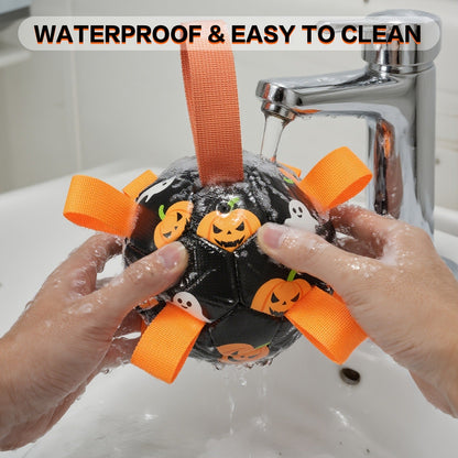 Dog Toy Halloween Pumpkin-Ghost Football with Pump, Strap and 6 or 7.28-Inch Size Options for Dogs
