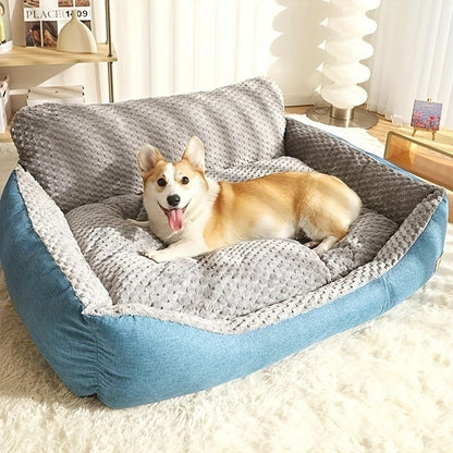 Blue-Gray Dog Bed Couch with Raised Back and Side Bolsters in Four Sizes, Plus One Random Cat Teaser
