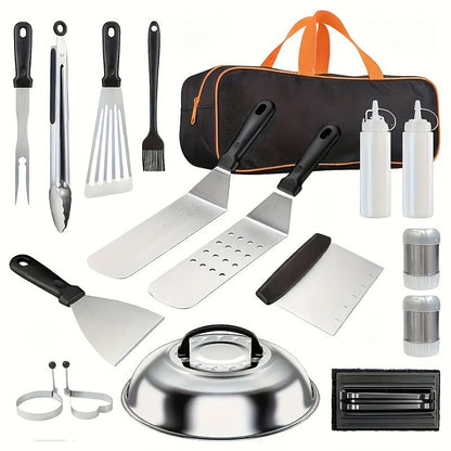 BBQ Tool Set Stainless Steel Grill Accessories Kit with Meat Thermometer Teppanyaki Press Board for Outdoor Camping Home Kitchen Party