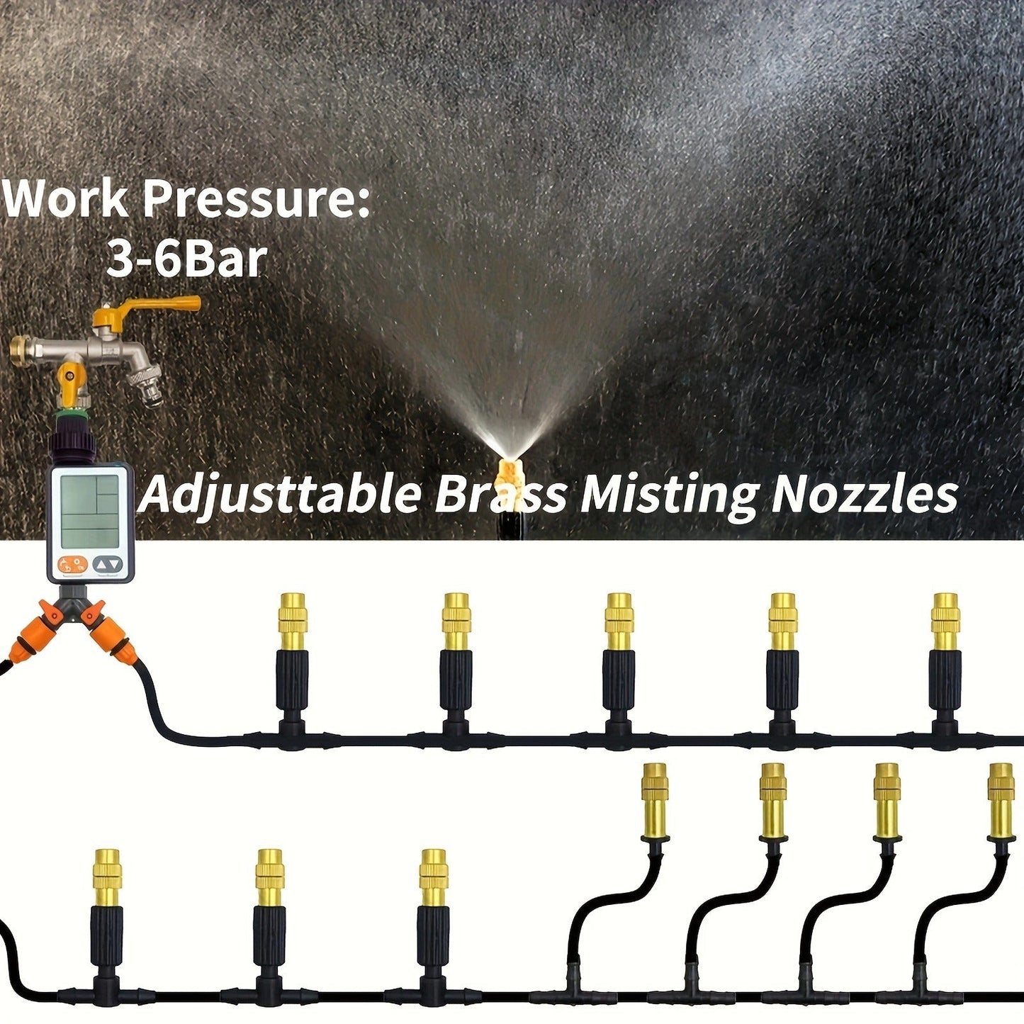 Outdoor Misting Cooling System 15m - 1/4" Brass Nozzles, 4/7mm Hose, Patio Garden Greenhouse
