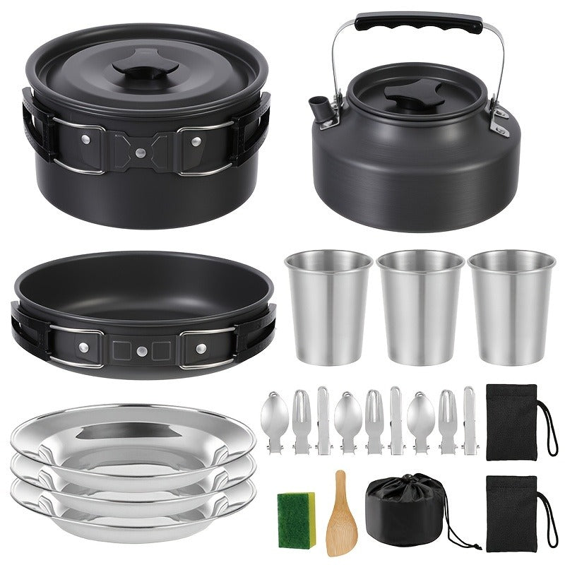 Camping Cookware Set, Aluminum Pot, Frying Pan and Kettle Kit with Folding Handles, Cutlery and Carry Bag