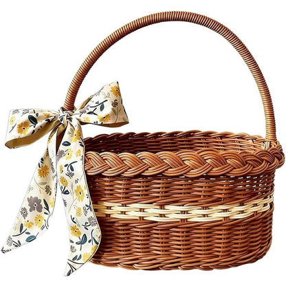 Wicker Easter Basket with Handle – Large Hand Woven Retro Basket with Ribbon for Easter Egg Hunt, Picnic, Outdoor Camping, Gift Hamper & Home Decor