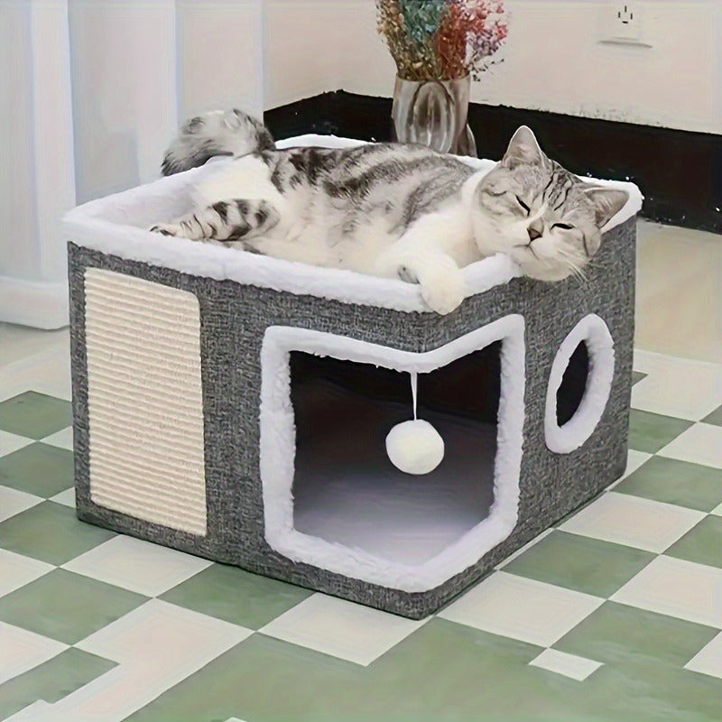 Foldable Gray Cat Condo with Top Platform, Scratch Panel, Openings and Four Cube-Style Options