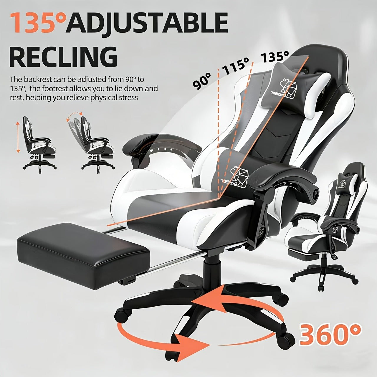 Gaming Chair with Retractable Footrest, Adjustable Lumbar Pillow, Headrest, 360° Swivel and Height Adjustment