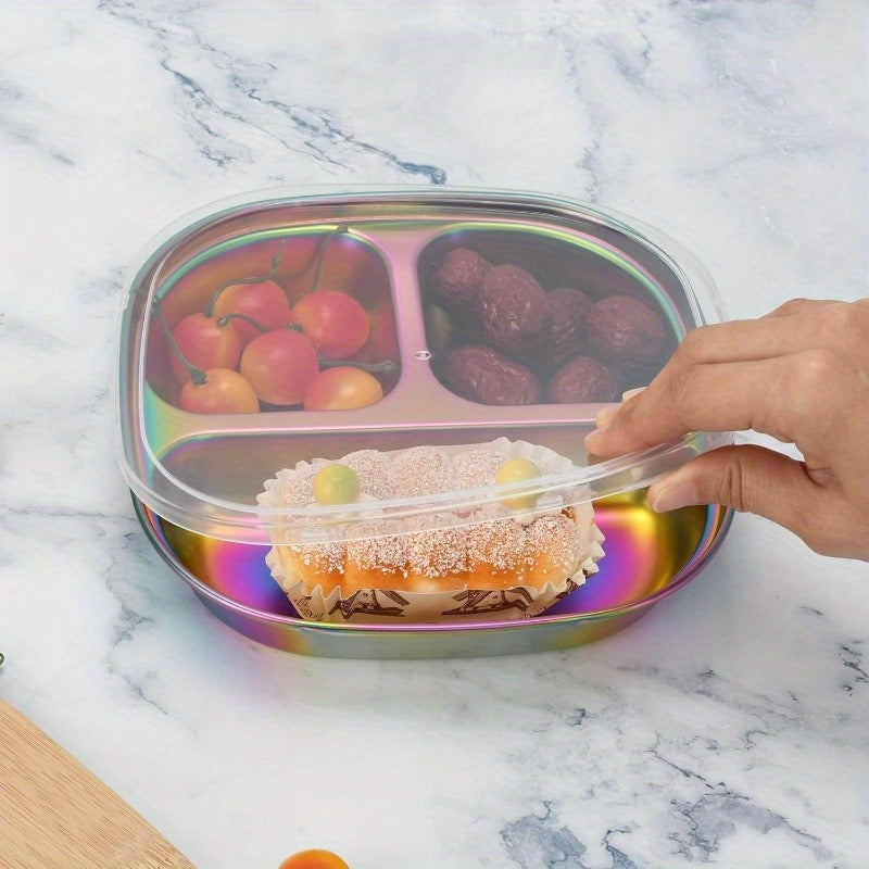 Divided Plates Stainless Steel Set of 4 with Lids - Kids Adults Portion Control Trays, for Home Cooking, Dining and Outdoor Meals