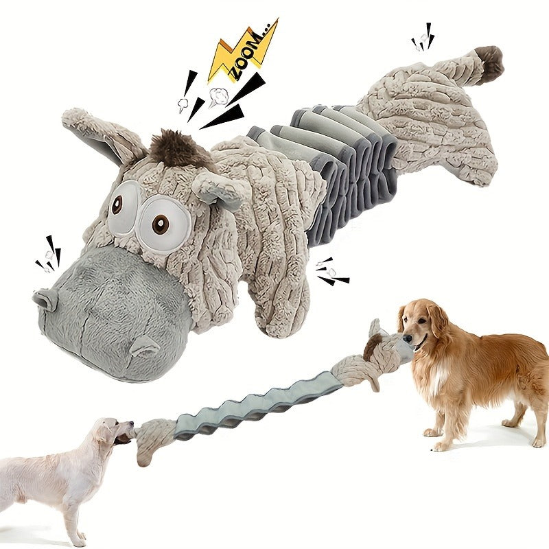 Dog Toy Stretch Donkey Plush Squeaker with Elastic Body, Textured Surface and Rope Ends in Gray White