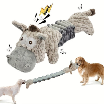 Dog Toy Stretch Donkey Plush Squeaker with Elastic Body, Textured Surface and Rope Ends in Gray White
