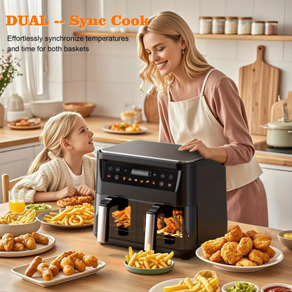 10Qt Dual-Basket Air Fryer with Two Viewing Windows, Sync Controls, Touch Panel and 50 Paper Liners