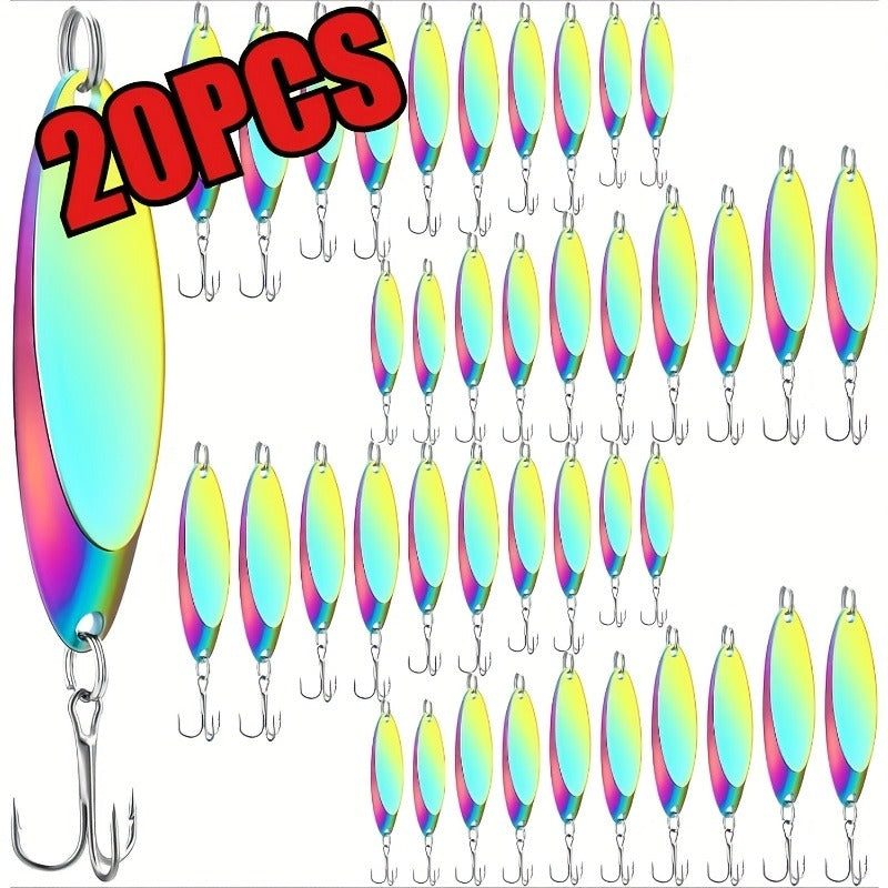 Fishing Lure Set 20-Piece Holographic Metal Casting Spoons in Five Weights with Gold, Silver or Rainbow Finish and Treble Hooks
