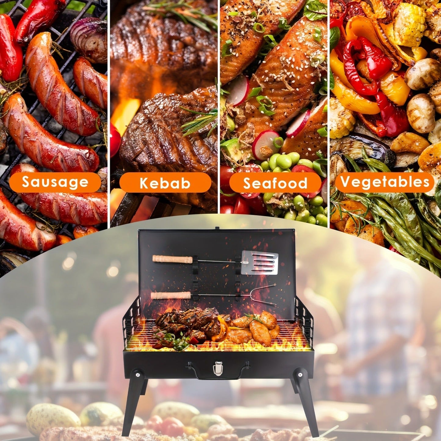 Portable Folding Charcoal Grill with Hood, Raised Grate, Side Vents and Compact Black Steel Body