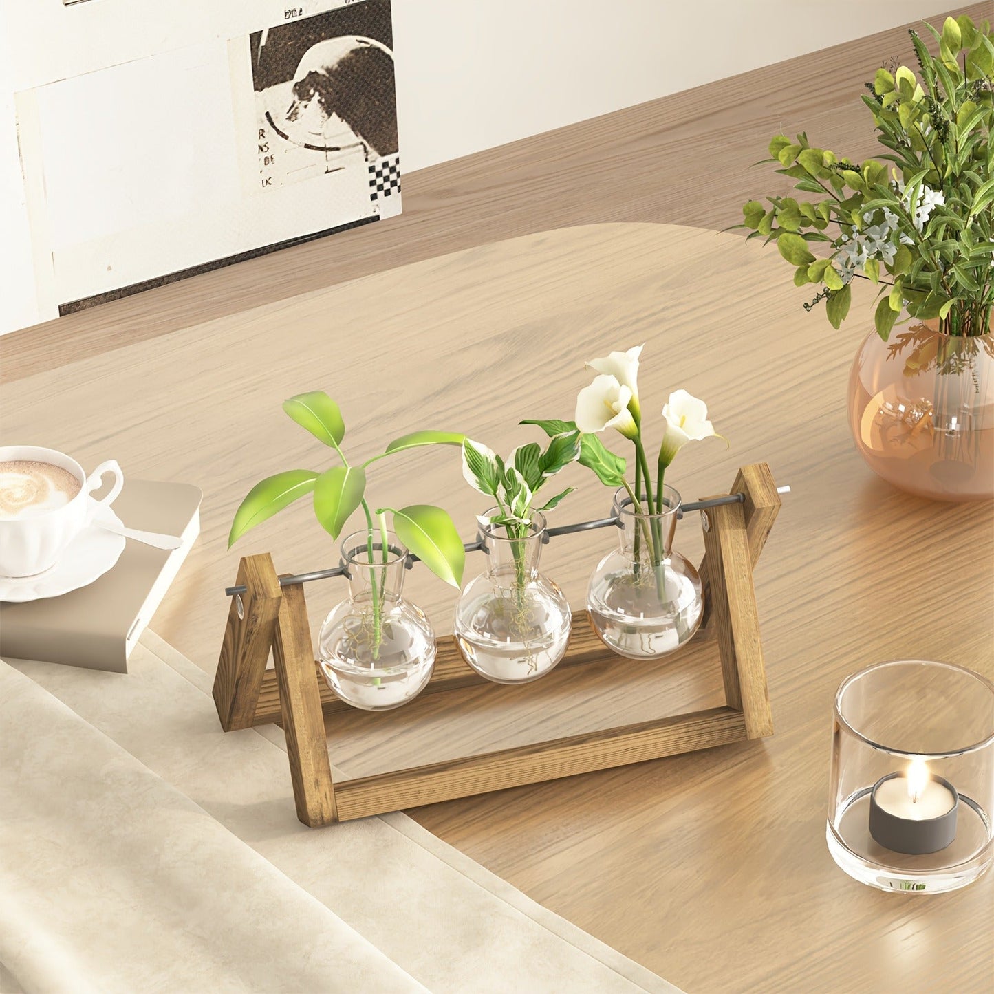 Heart-Shaped Glass Propagation Vase with Removable Bottle and 11-Inch Folding Wooden Display Stand