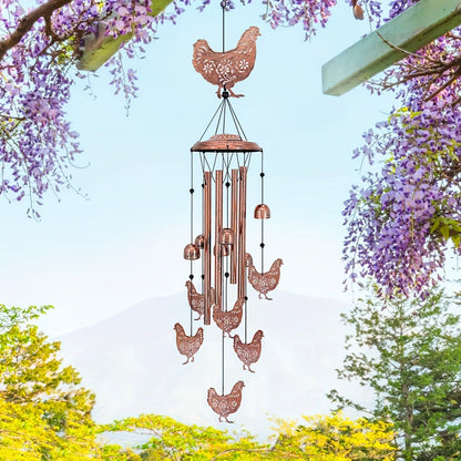 Chicken Wind Chime with Seven Pictured Chicken Shapes, Six Bells and Four Hanging Tubes for Porch or Garden Decor