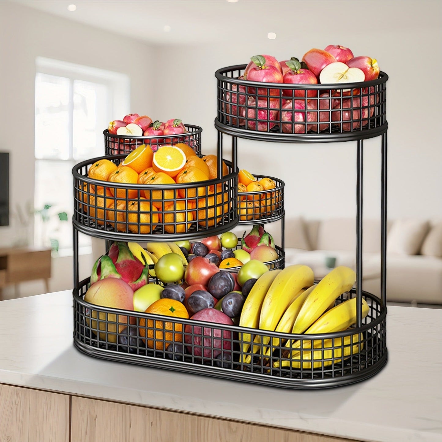 Three-Tier Black Wire Fruit Basket with Staggered Round Bowls and Rectangular Countertop Base