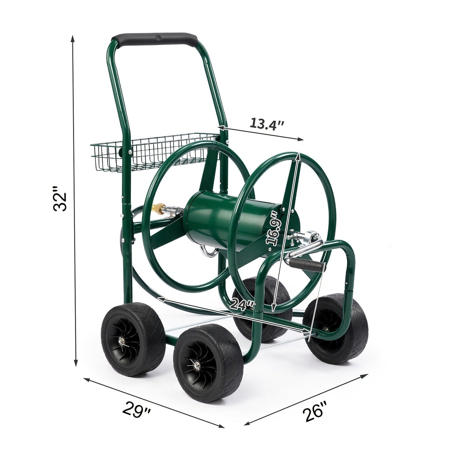 Four-Wheel Garden Hose Reel Cart in Green with Crank Handle, Storage Basket and Padded Push Grip