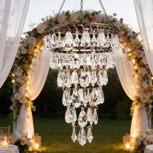 Solar Chandelier Outdoor Hanging Crystal Light 54 LED Warm White Waterproof Garden Yard Patio Gazebo Party Wedding Decor 6-Tier Oval Round