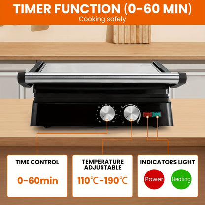Sandwich Maker 3-in-1 Mini Indoor Grill & Panini Press – Non-Stick 180° Opening, Floating Hinge, 60-Min Timer, Temp Control & Grease Tray | Compact Electric Grill for Home & Dorm