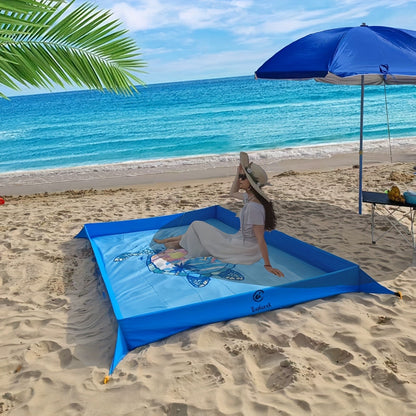 Beach Blanket with Sand Walls Fence Sandproof Waterproof 55x86in with 4 Stakes & Carry Bag for Family Picnic Camping Park Travel – 6 Printed Styles