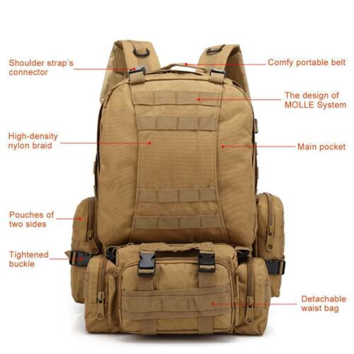60L Tactical-Style Backpack with Three Detachable Pouches, MOLLE Webbing and Six Color Checkout Options