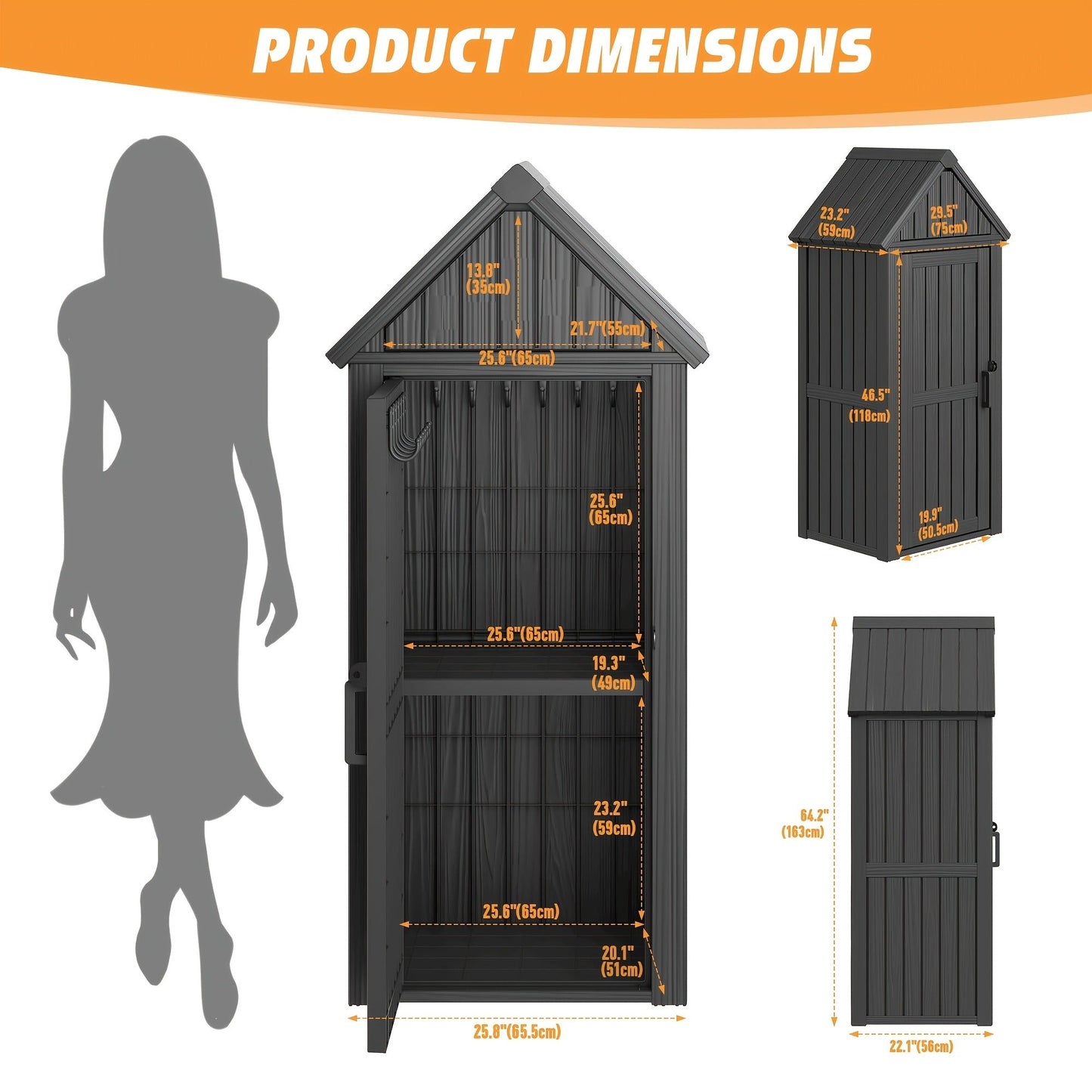 Tall Resin Outdoor Storage Shed with Sloped Roof, Lock-Ready Door and Interior Hooks in Black or Brown