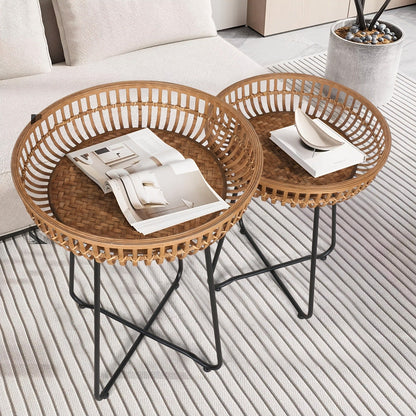 Rattan Side Table Nesting Tables Set of 2 Round Boho End Table Natural Bamboo Woven Coffee Table Metal Base for Living Room Bedroom Sofa Terrace