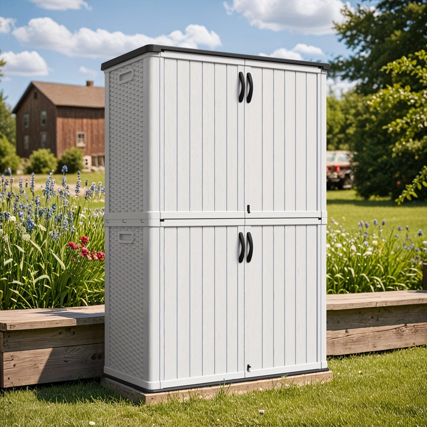 Resin Outdoor Storage Cabinet and Shelf Options in White or Beige with 4 x 2 Ft Shed Sizes