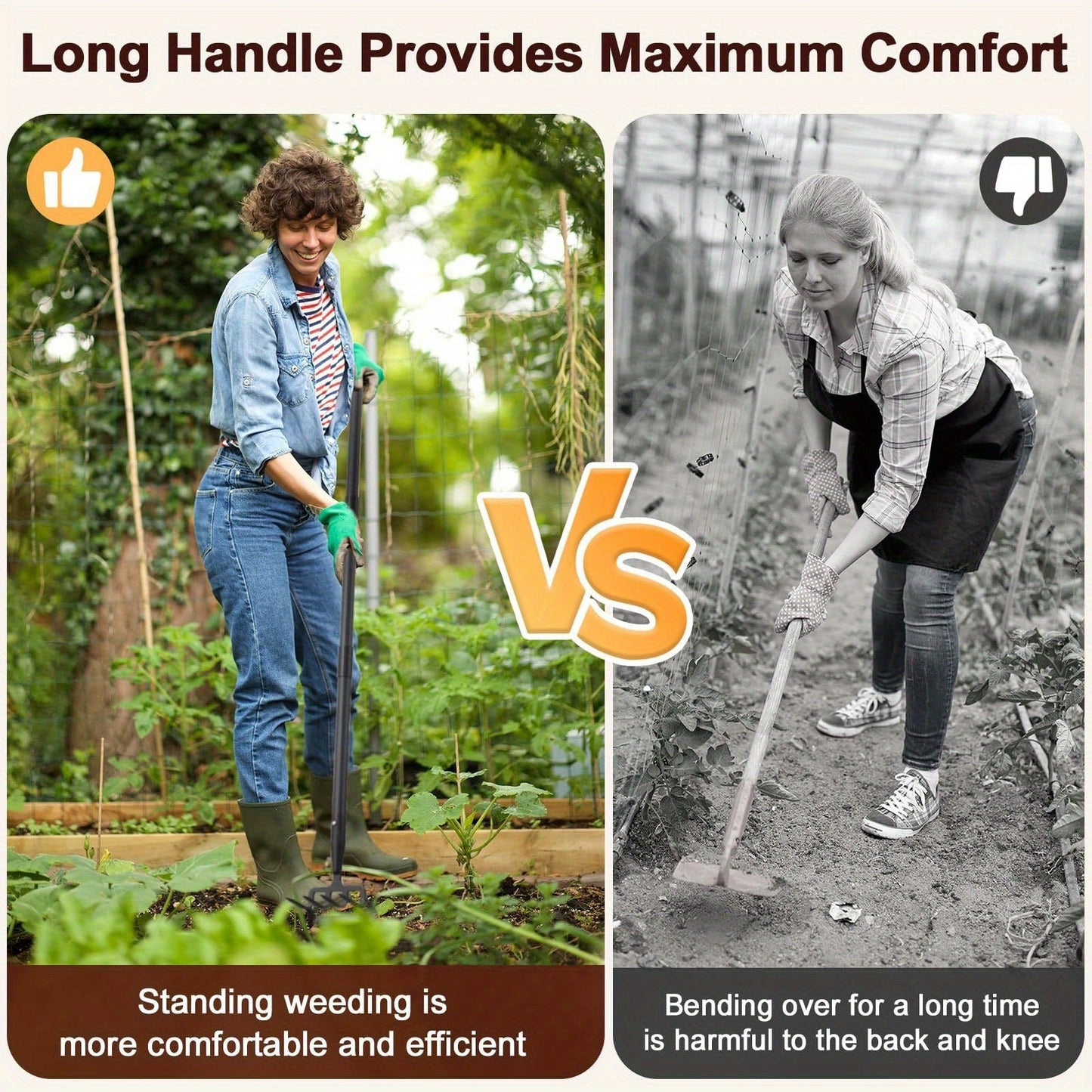 2-in-1 Garden Hand Tool with Stirrup Hoe, Four-Tine Cultivator and 62-, 73- or 82-Inch Sectional Handle