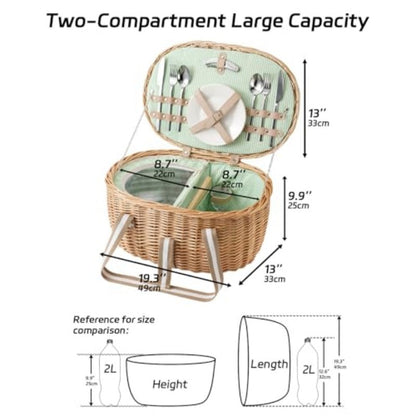 Insulated Wicker Picnic Hamper Set for Two with Cutlery, Ceramic Plates, Glasses and Cheese Board
