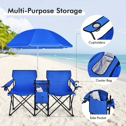 Folding Picnic Chair Set for 2 | Umbrella, Cooler Bag & Table, 600 Lbs Capacity, Portable