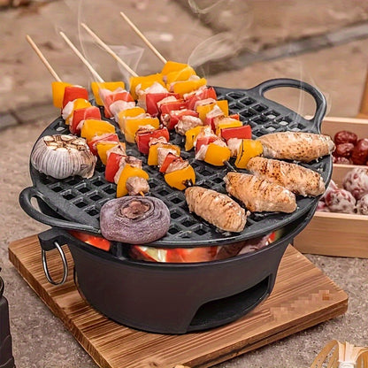 Cast Iron Charcoal Grill Round Portable, Mini BBQ Grill with Wooden Board & Stainless Steel Mesh Tray, Compact Tabletop Charcoal Grill for Outdoor Camping, Pizza, Tea Cooking & Family BBQ