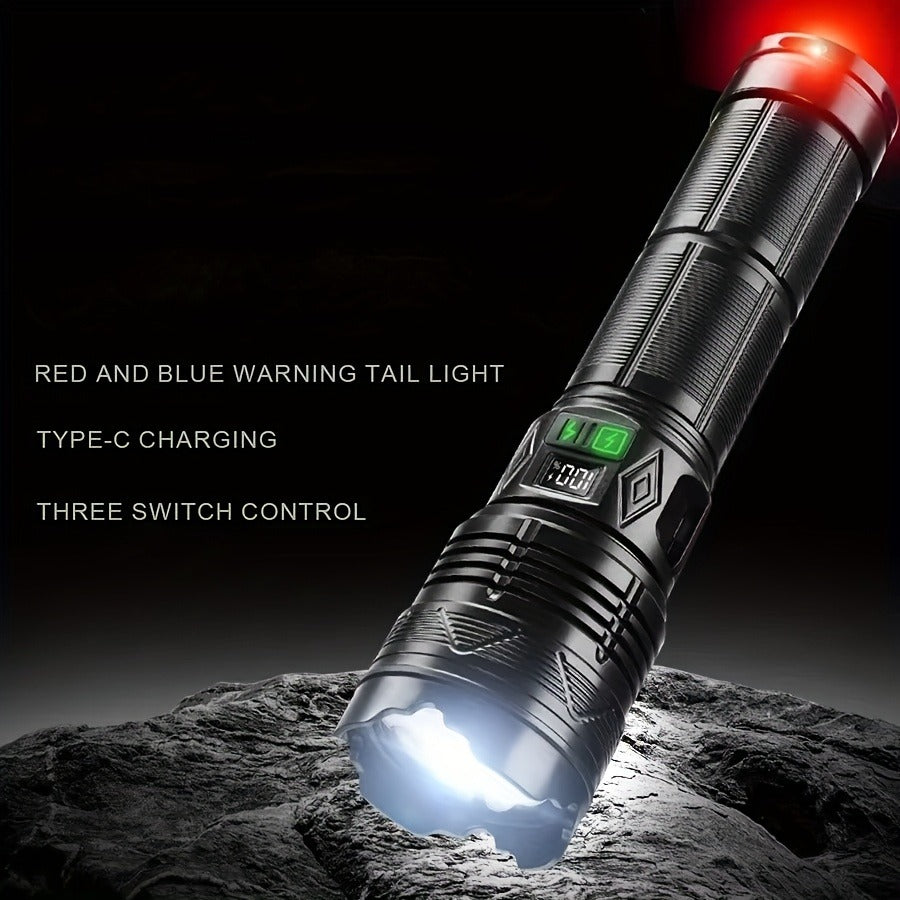 Flashlight Fresnel Lens Rechargeable Torch with 26650 Battery, USB-C Charging and Warning Tail Light
