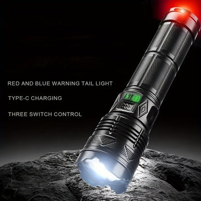 Flashlight Fresnel Lens Rechargeable Torch with 26650 Battery, USB-C Charging and Warning Tail Light