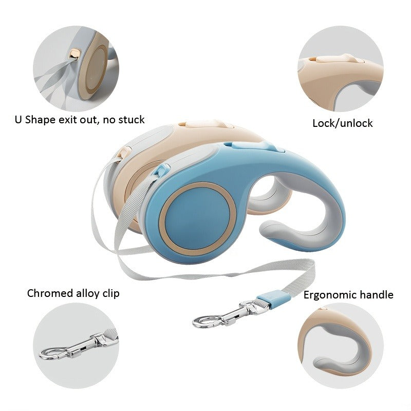 Retractable Dog Leash with 16-Foot Tape, One-Button Lock and Six Champagne, White or Blue Size Options