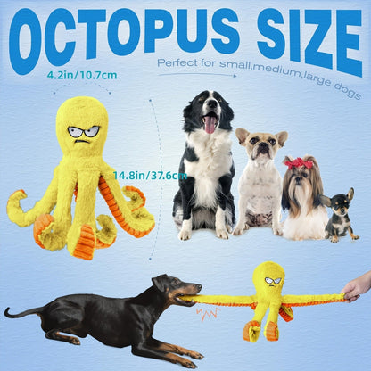 Dog Toy Octopus Plush with Built-In Squeaker and Crinkle Texture in Blue or Yellow with 1, 2 or 4-Pack Options