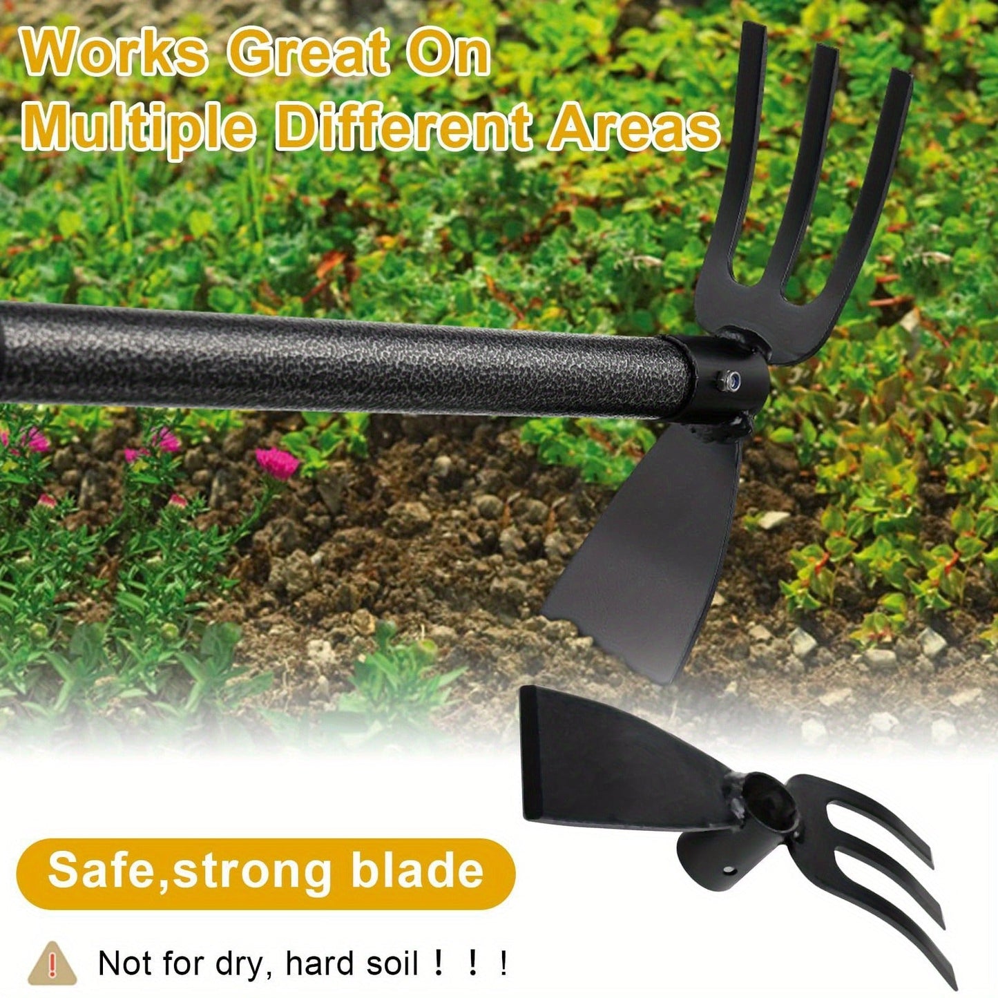 Garden Cultivator Hoe 2-in-1 60 Inch Long Handle Steel Tiller Blade & 3-Prong Cultivator Head for Weeding Tilling Loosening Soil Planting Lightweight
